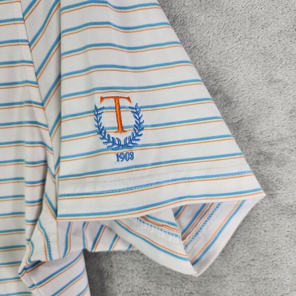Men's Johnnie-O Polo Shirt UPF 50 White Blue Orange Striped Short Sleeve Size L - Picture 3 of 10